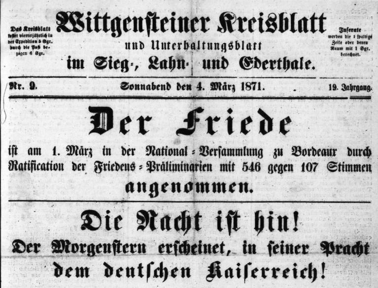 Wittgensteiner Kreisblatt vom 4. Februar und 4. März 1871