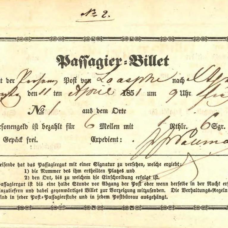 Passagier-Billet 11.4.1851 von Laasphe nach Xthal