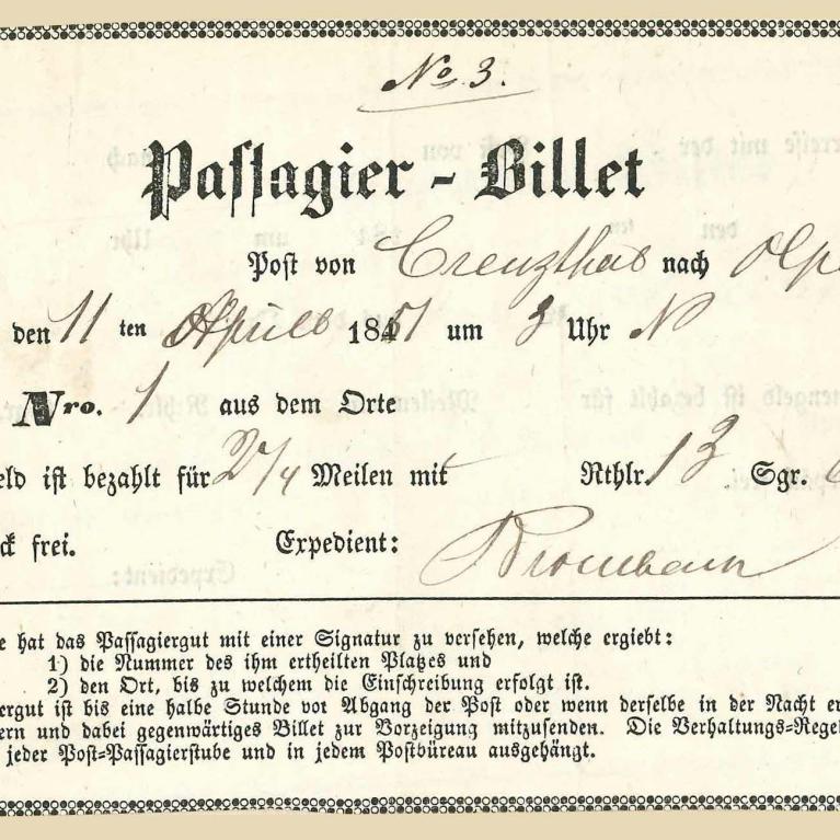 Passagier-Billet 11.4.1851 von Creuzthal nach Olpe