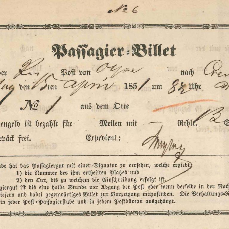 Passagier-Billet 15.4.1851 von Olpe nach Creuzthal