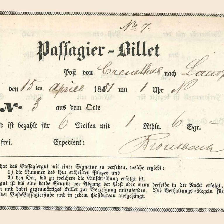 Passagier-Billet 15.4.1851 von Creuzthal nach Laasphe