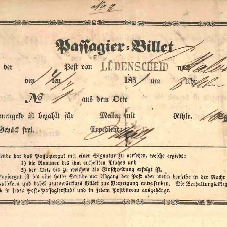 Passagier-Billet 14.4.1851 von Lüdenscheid nach Halver